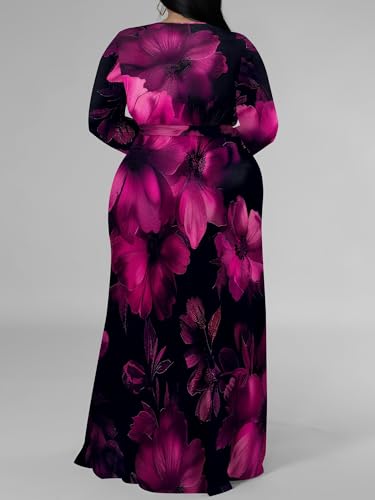 Image of PinkPatty Women's Plus Size Long Sleeve Maxi Dress Casual V Neck Slit Tie Waist Wrap Dresses for Party Cocktail