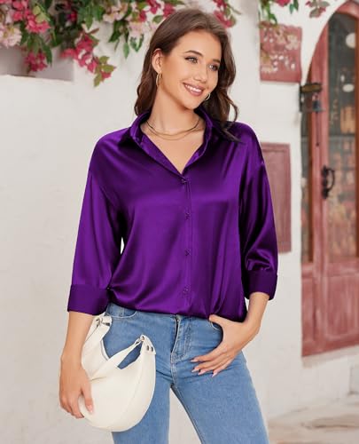 siliteelon Satin Blouses for Women Silk Button Down Shirts Casual Long Sleeve Shirt Business Office Work Tunic Tops3