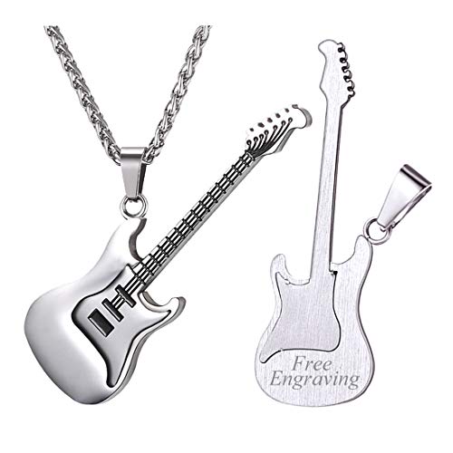 U7 Hip Hop Punk Music Necklace, Guitar Pick/Guitar/Microphone/Headphone Pendant with Chain for Men & Women, Stainless Steel R&B Music Jewelry, Silver/