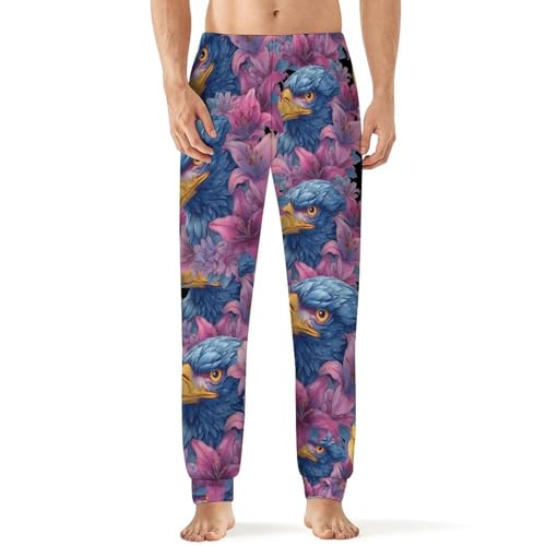 Blue Eagle1 with Lilies Flower Men's Pajama Bottoms Sleep Lounge Soft Comfy Pants Sleepwear