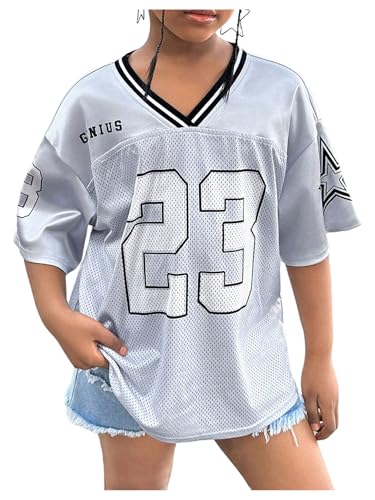 Image of BEAUDRM Girl's Jersey Shirts Leopard Number Print Jersey Shirt Cheetah V Neck Half Sleeve Oversized Tee Tops
