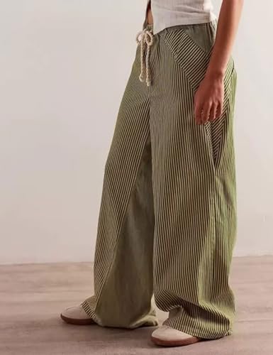 Zontroldy Women's Boho Striped Patchwork High Waisted Drawstring Wide Leg Pants Palazzo Pants Trousers3