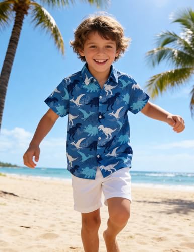 Image of Boys Hawaiian Shirt Kids Button Down Aloha Beach Hawaii Tops 5-14Y | Quick Dry, Breathable, Cooling & Lightweight, For Summer Vacation Holiday, Fourth of July, Youth, Teen, Shark, Dinosaur