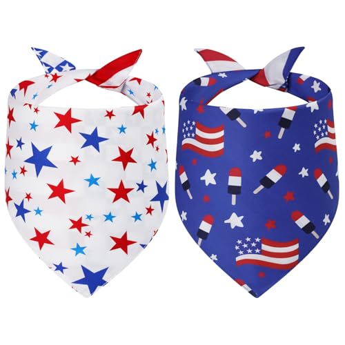 Gofshy 4th of July Dog Bandanas Large 2PCS Triangle Reversible American Flag Scarf for Boy and Girl Adjustable Patriotic Puppy Bibs for Large Medium Pets Cats