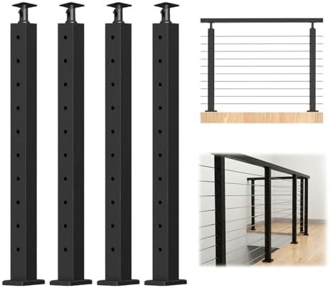 Noliven 4 Pack Cable Railing Post, 36"x2"x2" Horizontal-Hole Deck Railing Post, 11 Pre-Drilled, Black Finish Deck Post with Horizontal, No Steel Cable