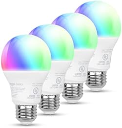 Amazon Basics Smart A19 LED Light Bulb, red, green, blue, white. color changing, 2.4 GHz Wi-Fi, 7.5 W 60W Equi