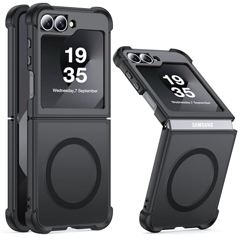 NJROW Starke Magnetisch für Samsung Flip 6/5 Hülle mit MagSafe [4-Ecken Airbags] [Translucent Matt] [Metallknöpfe] Handyhülle für Samsung Galaxy Z Flip 6 / Z Flip 5 Hülle Dünn Schwarz