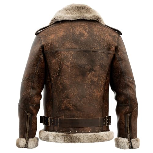 Men’s Distressed Brown Sheepskin Sherpa Faux Fur Lined Vintage Aviator B3 Bomber Jacket2