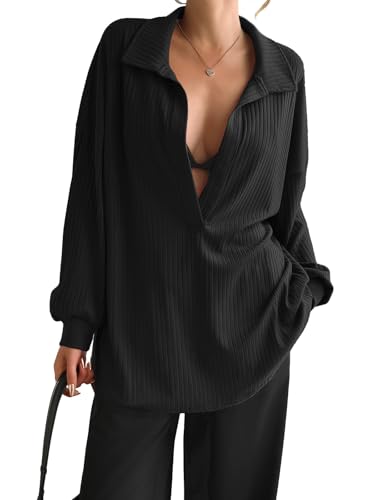 Fisoew Womens Oversized Deep V Neck Sweatshirts Casual Collared Long Sleeve Ribbed Knit Pullover Tops Black