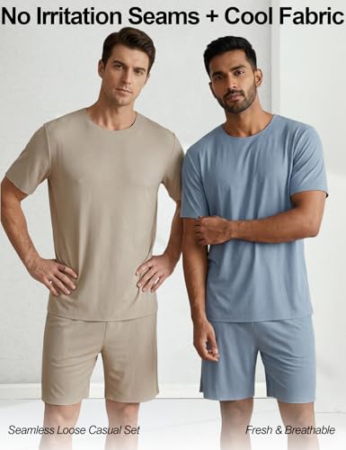 Image of Venzina Men's Ribbed Seamless Lounge Set -Loose Fit Cooling 4-Way Stretch Pajamas for Home, Outdoor, Relaxed Activities