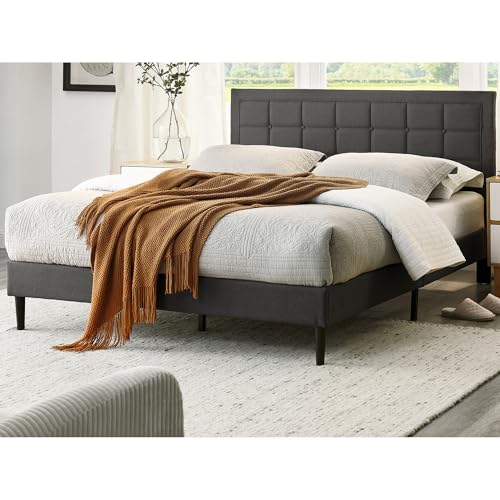 Decoro Mornington Upholstered 2.0 Platform Full Size Bed Frame and Headboard, Queen, Dark Grey