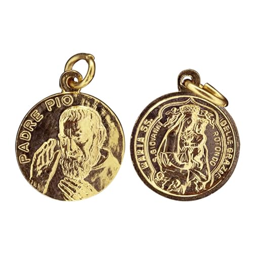 Medalla San Pío y Virgen de las Gracias SHALOM con acabado fino en latón dorado