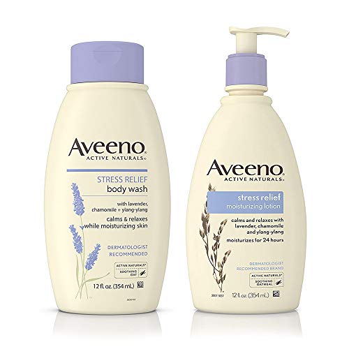 AVEENO Stress Relief Body Wash With Lavender, Chamomile & Ylang-Ylang Oils 12 oz & Aveeno Stress Relief Lotion To Calm & Relax 12 oz ea