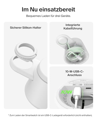 Belkin UltraCharge 3-in-1 Induktive Ladestation mit Qi2, 25W – Weiß – Ansicht 3