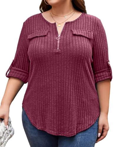Plus Size Sweaters for Women Lightweight 3/4 Sleeve Quarter Zip V Neck Ribbed Business Casual Blouses Tops