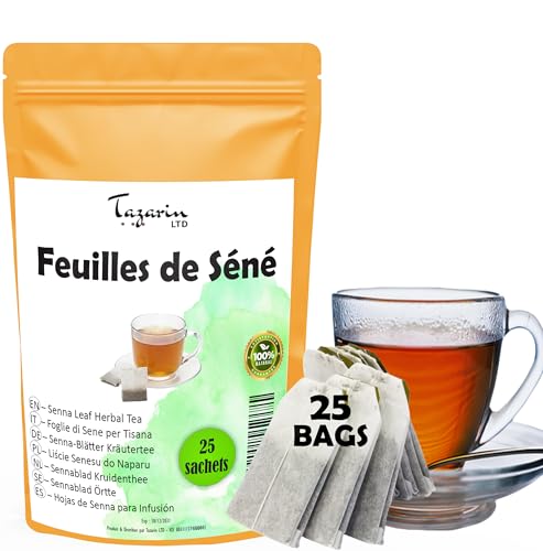 Tisane de Feuilles de Séné, 25 Sachets de Tisane, Thé de Séné - Puissant Purgatif, Laxatif Naturel - Favorise le Transit Intestinal et le Nettoyage du...