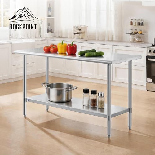 Image of ROCKPOINT SS304 Top All Stainless Steel Table for Prep & Work 24x60 Inches, NSF Commercial Kitchen Heavy Duty Table with Adjustable Undershelf for Restaurant,Kitchen, Home and Hotel
