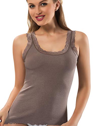 Lace Camisole for Women, Durable Comfy Soft Stretch Cotton Basic Cami Tank Tops (Brown, Large)