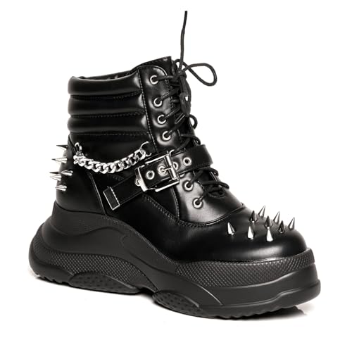 LAMODA Screamin' Loud Chunky Platform Sneakers in Black with Spike Accents, Lace-Up Design, Padded Comfort, and Durable Sole, Fashionable Casual Streetwear Shoes for Women UK 3