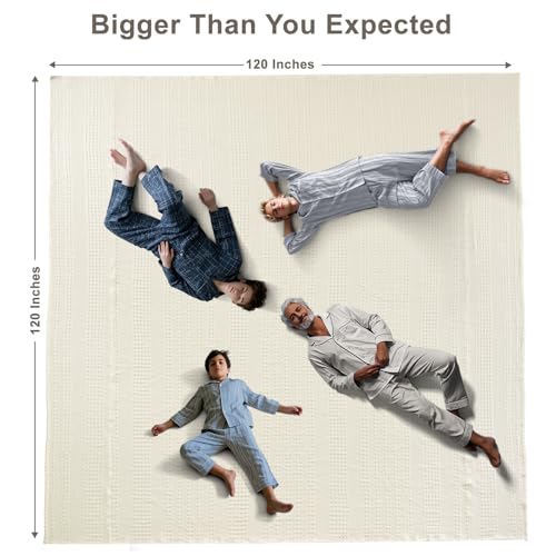 Image of PHF 100% Cotton Waffle Blanket Oversized King 120 inchx120 inch, Lightweight Breathable Extra Large 10'x10' Blankets for Bed, Giant Big Luxury Aesthetic Woven Bedding for Home Decor, Ivory
