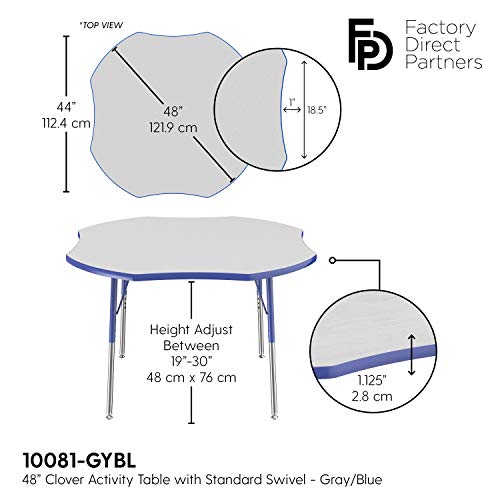 Image of FDP Clover Activity School and Office Table (48 x 48 inch), Standard Legs with Swivel Glides for Collaborative Seating Environments, Adjustable Height 19-30 inches - Gray Top and Blue Edge
