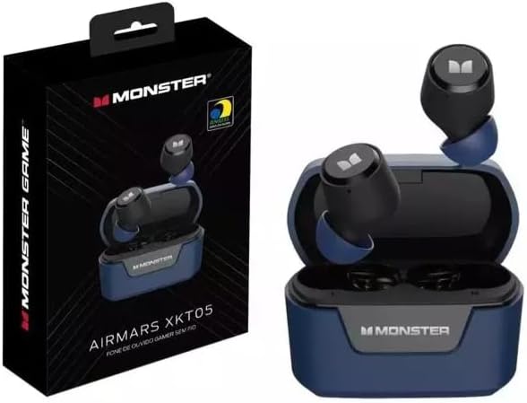 Monster Airmars XKT05 Bluetooth Earphones in blue, with one earbud removed from the charging case, alongside the retail packaging.