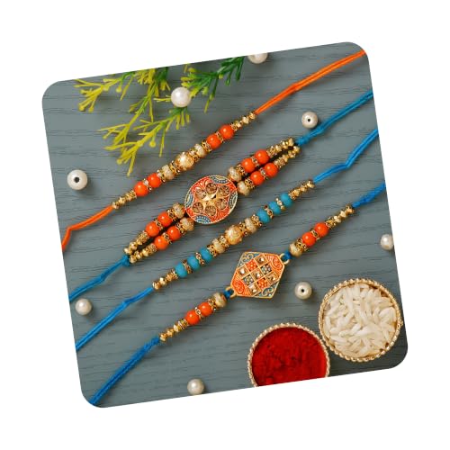 Image of eCraftIndia Set of 4 Golden Laddu Gopal, Lord Krishna Playing Flute, Lord Ganesha, and Shivling Religious Rakhis with Green Red Threads, and Roli Chawal Pack