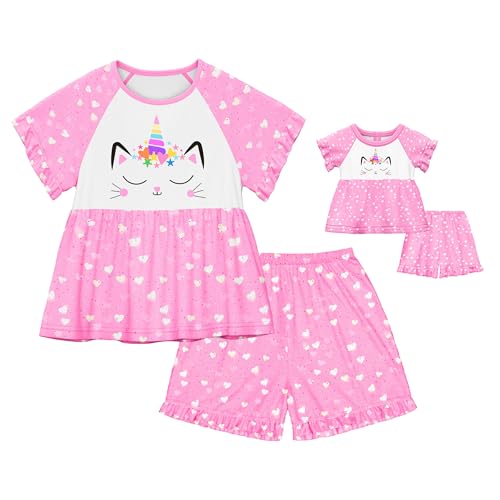 Image of LQSZ Matching Girls & Doll Pajamas Set for Toddler Girls Short Sleeves Cute Outfit Sleepwear