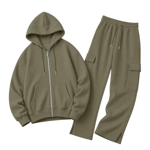 GOSEAGOTOFUN Mens Sweatsuits 2 Piece Set Zip Up Hoodie Wide Leg Cargo Sweatpants Set Fall Winter Workout Jogging Tracksuit Army Green Small - image 4