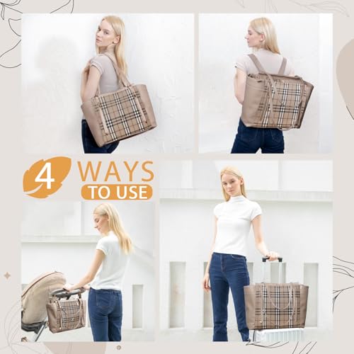 Image of miss fong Checkered Diaper Bag Tote - Leather Diaper Bag Backpack, Large Capacity Mommy Bag Hospital Bag, 12 Pockets Travel Diaper Tote with Changing Pad for Mom Plaid Tote Bag for Women-light brown
