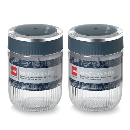 Image of CELLO Mint Storage Canister For Kitchen Set of 2, (750 ml x 2), Grey | Food Grade, Stackable, See Through | Nestable Storage Pet Container with Lid for Food, Pulses, Spice, Cereals, Cookies, Dry Food