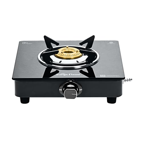 Image of Surya Flame Maestro 1-Burner Gas Stove, Toughened Glass Top, Manual Ignition, Tri-Pin Brass Burner, 69%+ Efficiency, Black