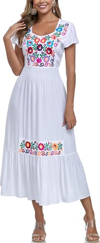 Image of Women's Summer Maxi Dress Casual Floral Embroidered Round Neck Short Sleeve Ruffle Tiered Dress Flowy Boho Beach Sundress