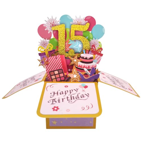 Happy 15th Birthday Pop Up Karte für Mädchen, 15 Jahre alte Geburtstags Geschenk Idee für Tochter Nichte, lustige 15. Geburtstag 3D Grußkarte für sie