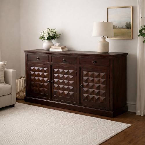 Image of SONA ART & CRAFTS Diamond Solid Sheesham Wood Sideboard Cabinet Storage Organizer with 3 Drawer & Door Cabinet for Home Living Room & Bedroom Multi Shelves Cabinets Hallway Dinning (Walnut Finish)