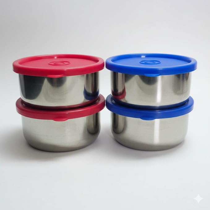 Image of Stainless Steel Food Storage Containers, Set of 4, 250ml each, Airtight Lids, Compact Kitchen Boxes for Snacks and Meal Prep, colors may vary of lids