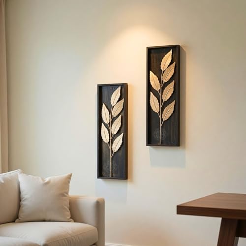Image of DSH Leaf Wall Art Panels Modern Rustic Home Decor Wall Hanging Sculpture for Living Room, Bedroom & Office (45X15 CM) Decoration Item (Titan Leaf, 2 Frames)
