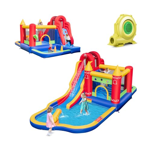 Inflatable Water Park with Waterslide, Multifunctional Bouncy House with Water Cannon & Splash Pool, Kids Backyard Bouncer for Yard Garden Party (with 735W Blower)