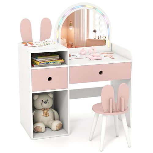 COSTWAY Tocador de Maquillaje Niña, Tocador Niña con Espejo Iluminado, Estantes Abiertos y Cajones de Almacenamiento, Juego de Mesa de Maquillaje Estilo Conejito para Niños de 3+ Años