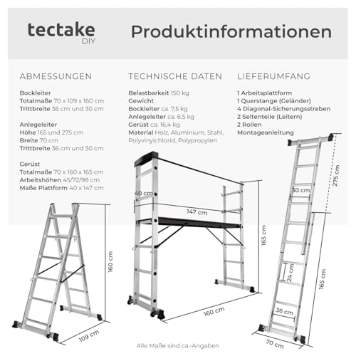 TecTake Gerüst, Leiter 4 in 1, Mobile Mehrzweckleiter, Arbeitsbühne, Baugerüst, Alu Gerüst, Rollgerüst mit Arbeitsplattform, Haushaltsleiter, belastbar bis max. 150 Kg - Silber
