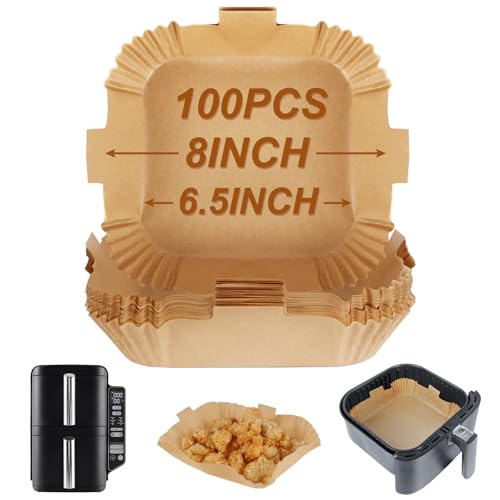 Image of BYKITCHEN 100pcs Air Fryer Parchment Paper Liner, Square Air Fryer Liners Disposable, Greaseproof Paper for Air Fryer, Compatible with COSORI, Ninja Double Stack SL300UK, Tower (Unbleached)