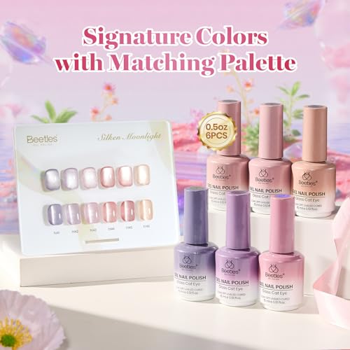 Image of Beetles Silken Moonlight Cat Eye Gel Nail Polish Set - 6 Colors 15ML Full Size Purple Pink Nude Cat Eye Gel Polish Kit Glitter Magnetic Effect Soak Off UV Nail Art DIY at Home Manicure for Women