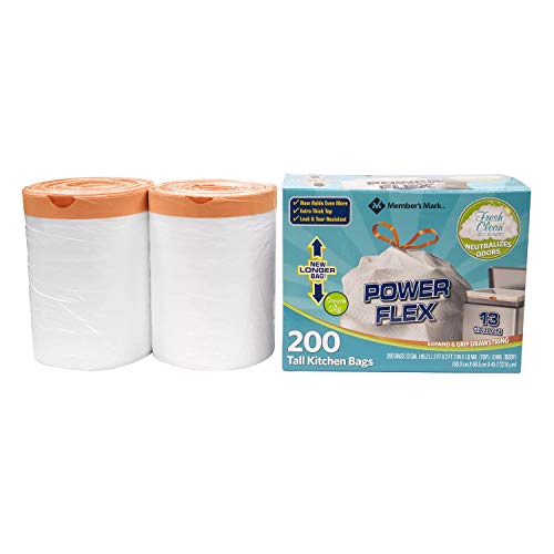 Image of Members Mark 13 Gal Power Flex, Leak Protection, Tall Kitchen Simple Fit Drawstring Bags (1 Pack, Fresh Clean Scent), 1count