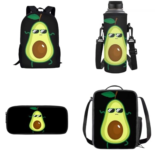 Set zaino 4 in 1 per bambini con borsa per il pranzo e astuccio porta bottiglie dacqua Avocado del fumetto Zaino per verde