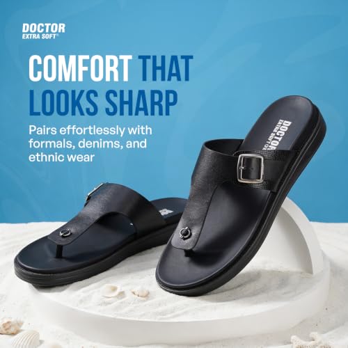 Image of DOCTOR EXTRA SOFT Men's Classic Casual Original Leather Thong Black /Brown Sandals /Chappals with Memory Foam Cushion| Stylish & Non-Slip|Comfortable & Lightweight |Flip flops Slippers Gents & Boys F-3
