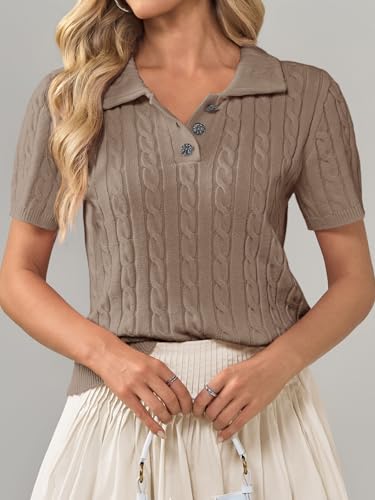 Image of Imily Bela Womens Polo V Neck Pullovers Lightweight Short Sleeve Cable Knit Sweater Business Casual Summer Tops 2025