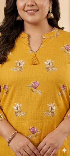 Image of Mustard Yellow Pure Cotton Floral Printed Straight Kurti for Women | Comfortable Ethnic Kurta | 3 /4 Sleeve Round Neck Plus Size Kurti