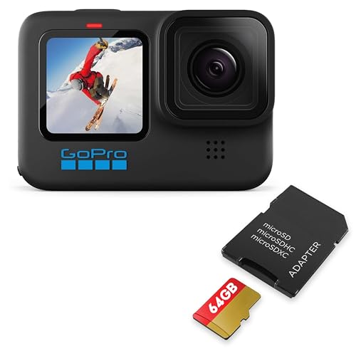 GoPro HERO10 Black + SD Card Bundle – Ecomm Packaging – Waterproof Action Cam, Front/Rear LCD Touchscreens, 5.3K60 UHD Video, 23MP, 1080p Live Streaming, and 64GB Extreme microSDHC UHS-I w/Adapter