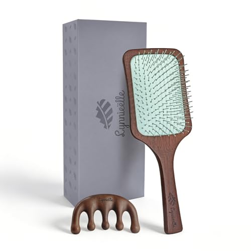 Metal Bristle Hair Brush Detangler - Wooden Paddle Brush for Thic...