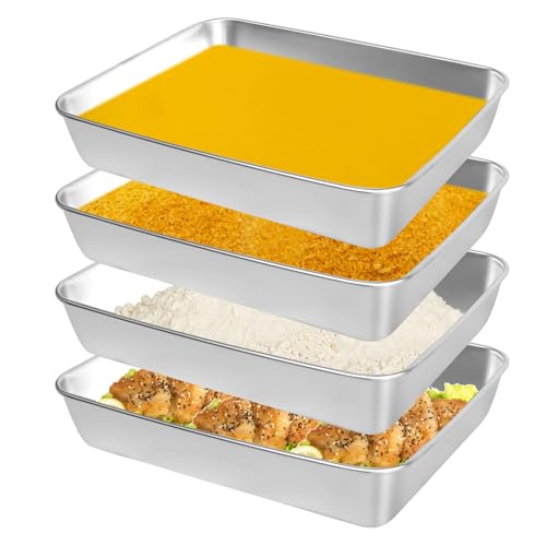 Panierschalen Set 4 Stück Panierstrasse Edelstahl Schale Rechteckig Edelstahl Behälter Backblech Metallschale für Fisch Fleisch und Gemüse (26x20x5 cm)